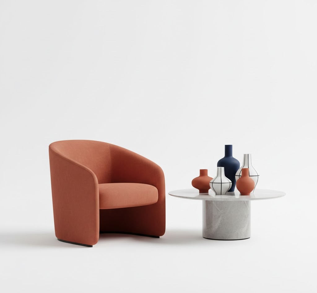 Poltrona curva e tavolo scultoreo
