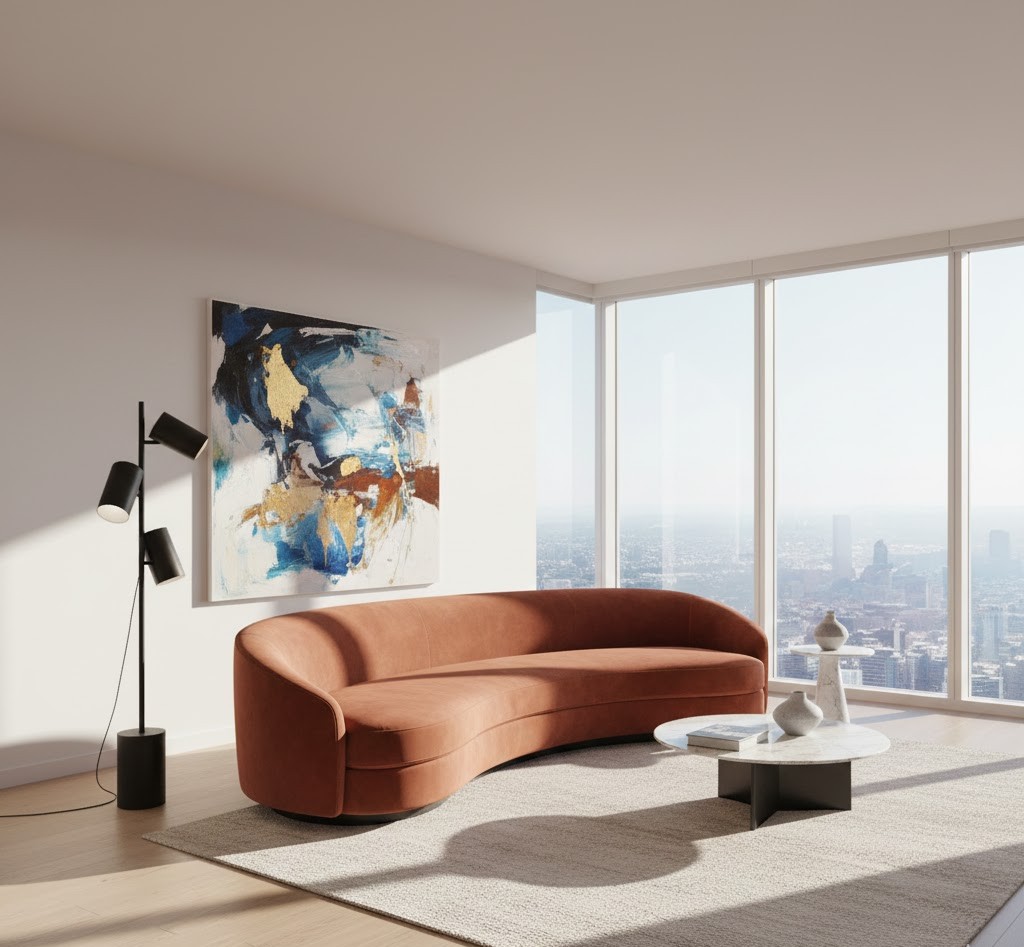 Soggiorno luminoso con arredi moderni a noleggio